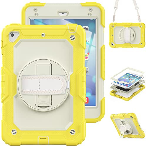 Case for iPad Mini 5 Case Mini 4 Case Prevention Silicone Soft shell Heavy Duty Shockproof Built-in Kickstand 360°Hand Strap iPad Mini 5th/4th Generation+Pen Holder (Yellow)