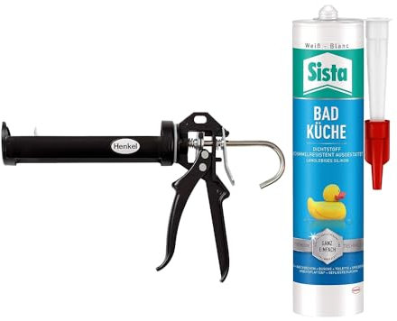 SISTA BAD KÜCHE weiß, Dichtstoff, schimmelresistent ausgestattetes, langlebiges Silikon, wasserdichter Fugenfüller (1x280ml) Kartusche & Pattex Profi Metall Kartuschenpistole