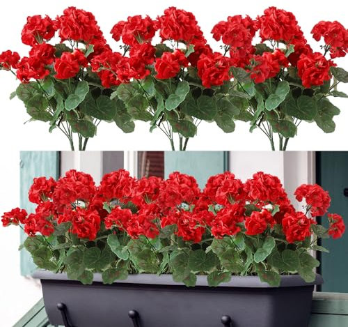 Weldomcor 3 Flores Artificiales, Flores de Geranios de Seda con Hojas Verdes, Ramo de Geranios Falsa Realista para jardín, hogar, Oficina, Fiesta, Boda, decoración de Centro de Mesa (Rojo)