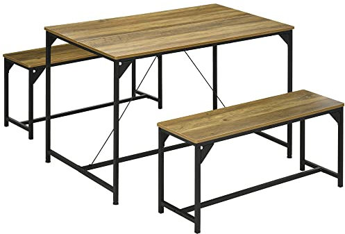 HOMCOM Essgruppe 3er-Set, Küchentisch-Set, Esstisch mit 2 Bänken für 4 Personen, Esszimmergruppe, Tischgruppe für Küche, Wohnzimmer, Natur