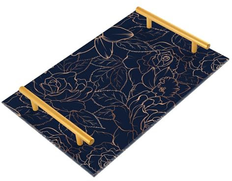 Copper-Gold Gloss Outline Navy Dark Blue Decorative Tray with Handles Trays for Food Table Tray for Jewelry Perfume Large Dinner Food Service