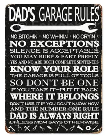 Vintage Room Rules Metallschild Dad's Garage Rules Blechschild Lustiges Männerhöhle Dekor Zubehör Retro Blechschilder für Zuhause Schlafzimmer Garage Bar My Rules 20,3 x 30,5 cm