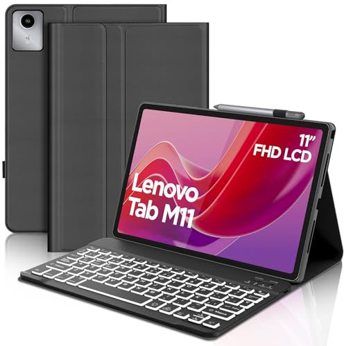 IVEOPPE Funda Lenovo Tab M11 con Teclado, Lenovo Tab M11 Funda Teclado, Capa Teclado Español Ñ Desmontable Retroiluminados Bluetooth para Lenovo Tab M11 TB330FU/ TB330XU 2024 11,Negro