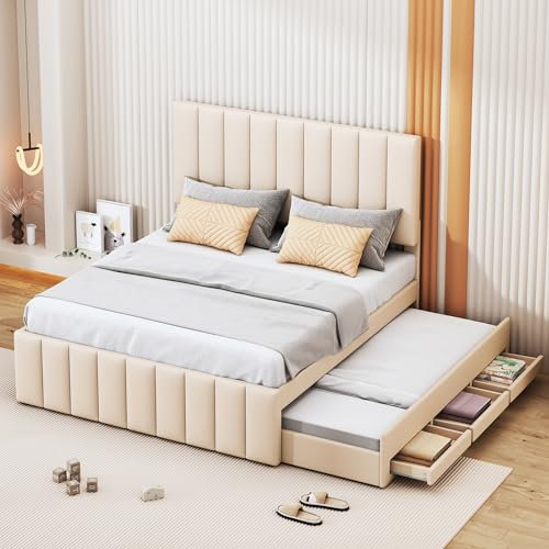 Kinderbett Polsterbett 140x200 Bettgestell Ausziehbett, Doppelbett mit Ausziehbarem Bett & 3 Stauraum Schubladen, Tagesbett Schlafsofa mit Lattenrost,Verstellbares Kopfteil,Leinen,Beige,Ohne Matratze