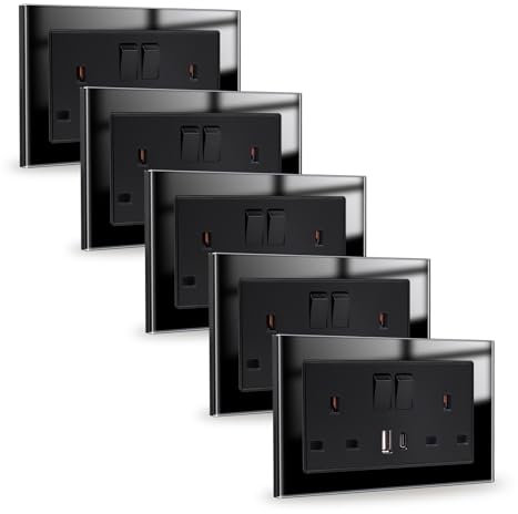 JIMEIDA 5 Pack Double Switched Socket Black 20W Fast Charging 13 Amp with USB A and Type C Charging Ports Crystal Glass Panel Switched Socket