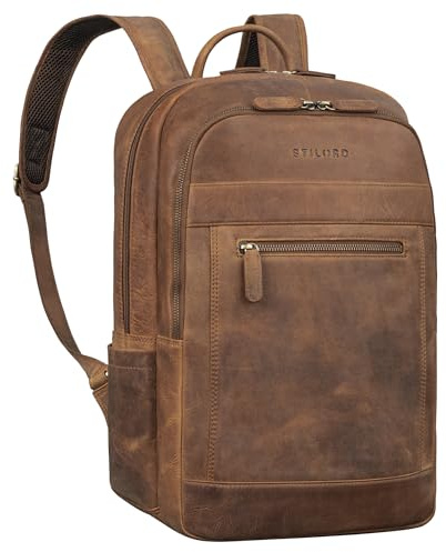 STILORD Jamal Leder Laptop Rucksack 16 Zoll Damen Herren - Arbeitsrucksack Groß Vintage Backpack Echtleder Premium Rucksack für Büro Arbeit Reise Lederrucksack Farbe:mittel - braun