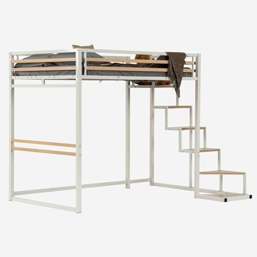MEUBLE COSY Hochbett 140x200cm Bettrahmen Etagenbett mit Lattenroste aus Holz und Metall, Industriell, für Erwachsene und Kinder, Weiß+Buchenholz