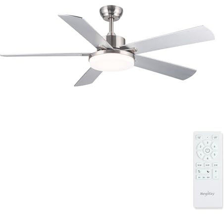 Newday 42” Silver Ceiling Fan with 5 Blades, Quiet Brushed Nickel Ceiling Fan with Remote Control for Bedroom, Reversible Ceiling Fan with LED Dimmable, Memory Function for Living Room