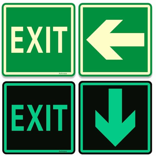 4 Pezzi Cartello Uscita di Emergenza, Cartello Uscita di Sicurezza Luminoso, (Cm 15x15), Frecce Indicazione Direzione Uscita di Sicurezza, Impermeabili, Adesivo Super Attack (Uscita Adesivi Luminosi)