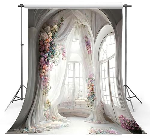 AIBIIN 5x7ft White Window Curtain Photography Backdrop Arch Wall Flower Background Pregnant Women Wedding Birthday Portrait Decor Studio Photo Supplies
