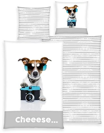 Herding Renforcé Wende Bettwäsche 2 TLG.135x200cm Hund Jack Russel Kamera Cheese Weiß Grau Knopfleiste