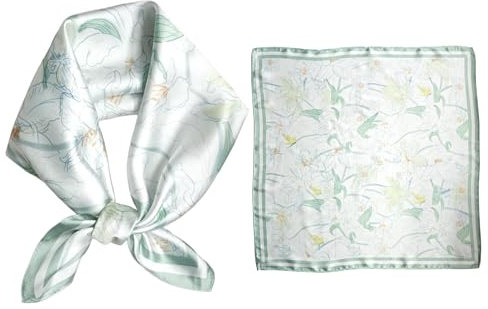 GIMIRO Schal aus imitierter Seide [53 x 53cm] Seidentuch mit Blumenmuster Gelb-Weiß-Mintgrün Elegantes Desig (Green White Iris)
