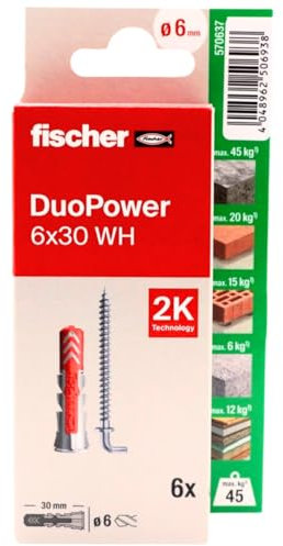 fischer - Duopower 6x30 Con Alcayata - 6U, Tacos para pared multimaterial, sirven para Colgar Bicicletas, Cuadros, Armarios, Soportes de Televisión, Estanterías, Muebles.