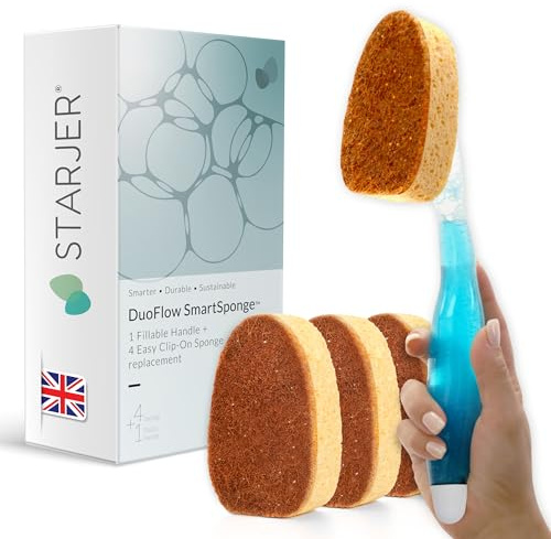 Washing Up Dish Brush SmartSponge Soap Dispensing handle with 4 Eco sponge Refill Heads. Copper Infused Sisal & Cellulose, Non-Scratch Scrubbing Brush Ergonomic handle, Kitchen Dish Cleaning Scourers.