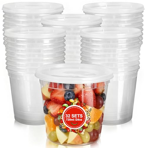 TianFukj 32 Stück Plastikbecher mit Deckel, 720ml /24oz Wiederverwendbare Kunststoffbehälter mit Deckel, Deli Container Auslaufsicher, Aufbewahrungsbecher für Lebensmittel, Suppen, Snacks