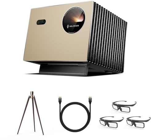 Valerion Heimkino Stativ-Bundle – Sofort Aufstellen mit Stil: VisionMaster Pro 4K Triple Laser Projektor 2500 ISO Lumen mit Walnuss-Stativ, 3× 3D-Brillen & HDMI 2.1 Kabel