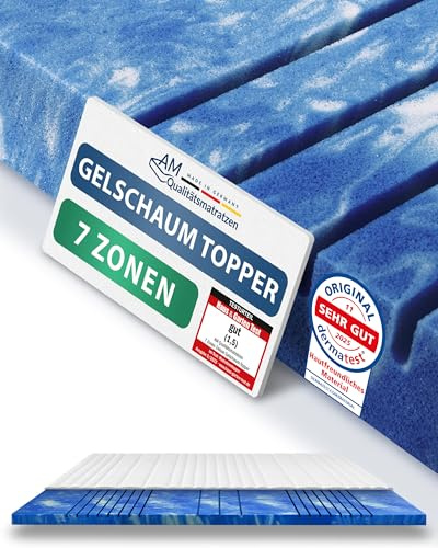 AM Qualitätsmatratzen 7 Zonen Deluxe Gel Topper 80x200cm RG50 - Made in Germany - Atmungsaktiver Gelschaum Topper 80x200-8cm - Kühlende Matratzenauflage mit Lyocell Bezug und Anti-Rutsch Funktion