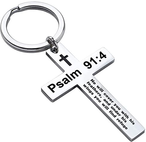Ldurian Porte-clés avec verset de la Bible - Croix chrétienne - Pour homme - Écriture religieuse, Psalm 91:4, Acier inoxydable, Sans pierre précieuse