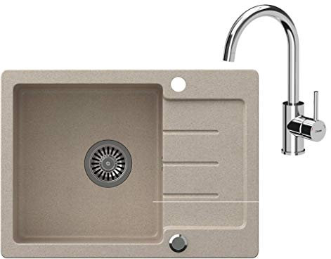 VBChome Fregadero con grifería, color beige, granito, 60 x 44 cm, fregadero empotrado reversible y sifón, grifo cromado