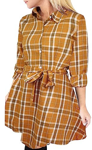 FANCYINN Robe Chemise Femme Manche Longue Robe à Carreaux Casual Hiver Tunique Blouse Mini Robe Orange & Blanc XS