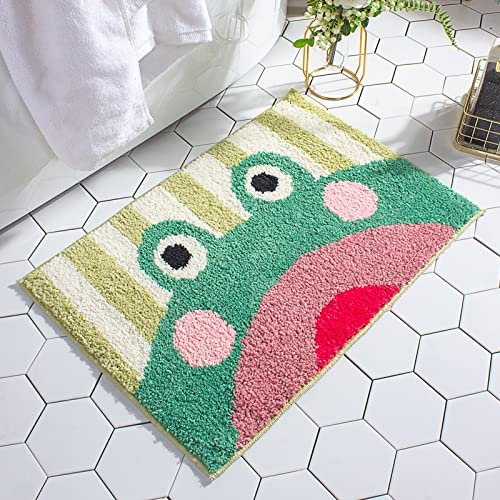 LNXSESN Badezimmerteppich Grüner Frosch Rosa Badematte Flauschig Mikrofaser Badvorleger rutschfest Duschvorleger Schnelltrocknend Badematte Waschbar Bad Teppich Badematten & Badteppiche 40x60cm