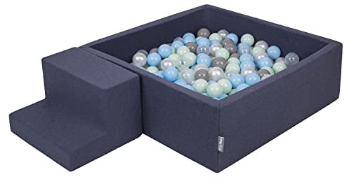 KiddyMoon Spielplatz Aus Schaumstoff Mit Quadrat Bällebad (200 Bälle) Ballgruben Für Babys Spielbad Hindernisläufen, Hergestellt In Der EU, Dunkelblau:Perle/Grau/Transparent/Babyblue/Minze