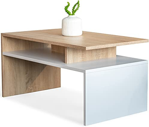MeblePitus.pl Weiß/Sonoma glänzender Couchtisch für das Wohnzimmer - modernistischer Look, minimalistischer Stil - Betonelement glänzender Couchtisch