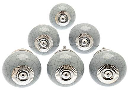 Mango Tree Grey Round Ceramic Door Knobs Vintage Shabby Chic Cupboard Drawer Pull Handles Set of 6