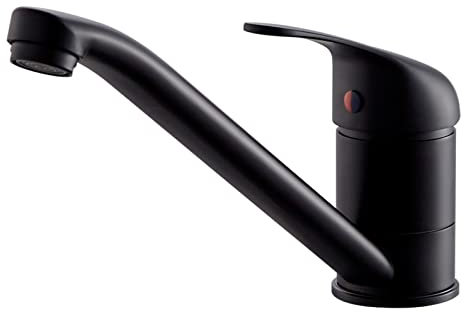 Matte Black Kitchen Taps Mixer, Modern Brass Single Lever 360 Swivel Kitchen Sink Taps with Braided Hoses KT CLA Mix SH BK 026B