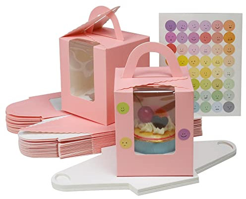 KEYIDO 30 Pcs Individual Cupcake Boxes Pink Single Cupcake Boxes 1 Hole Cake Box with Clear Window Inserts and 2 Sheets of Stickers for Wedding Birthday Party Favors