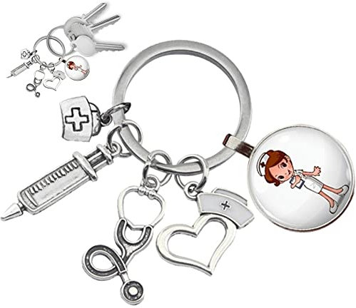 Ericetion Neue/hohe Qualität 1 Stück Krankenschwester Medizinische Spritze Stethoskop Bild Schlüsselbund Glas Cabochon Und Glas Schlüsselring Anhänger Geschenk.
