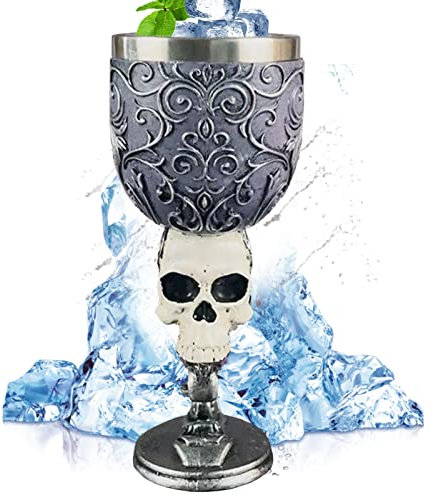 Tuzsocr Vintage Kelch, Weinkelch Edelstahl Mittelalter Tassen 3D Prägung Kelch Tasse Für Halloween Bar Party Supplies (Skelett)