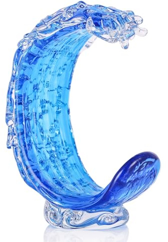 JexaTrek Mundgeblasene Glaskunststatue, blaues Glas, Ozeanwelle, Heimdekoration, Skulptur für Büro, Bücherregal, Couchtisch, Konsole, Eingangsbereich und Raumdekoration