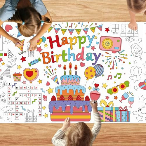 ZYOOO Geburtstag Papier-Tischdecke zum Ausmalen,76 x 183cm Happy Birthday Bemalbare Tischdecke,Kinder Ausmaltischdecke Maltischdecke für Kindergeburtstag Deko