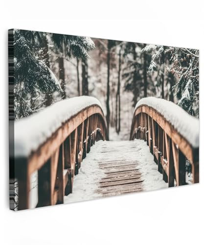 MuchoWow© Bild auf Leinwand Groß 120x80 cm XXL Schlafzimmer Bilder Badezimmer Wand Deko Wohnzimmer Modern Wanddeko Bilderwand Geschenk Brücke - Winterlandschaft - Wald - Natur - Schnee