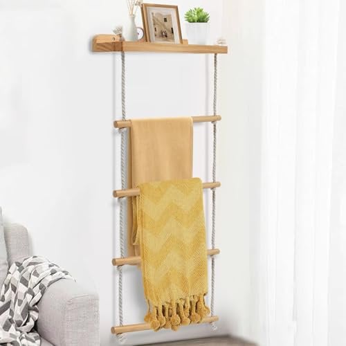 Yunkctuk Toallero Escalera con 4 Colgadores, Toallero de pie Plegable con 1 Estante, Escalera Decorativa Madera para Baño, Sala de Estar, Dormitorio (98 * 43 CM)
