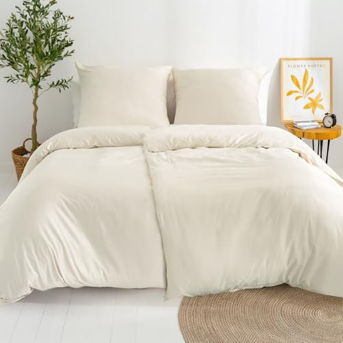 Dreamzie 2 Bettwäsche Set 135x200 Mako Satin - Beige - 2 Bettbezüge 135x200 cm mit 2 Kissenbezüge 80x80 cm - Oeko-Tex Zertifiziert - Bettwäsche 135x200 Baumwolle 4teilig