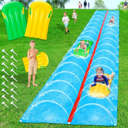 Slide and Glide, 30ft x 6ft Lawn Water Slide with 2 Inflatable Boards, Dual Lane Water Slides with Built-in Sprinkler for Big Kids Ages 8-12