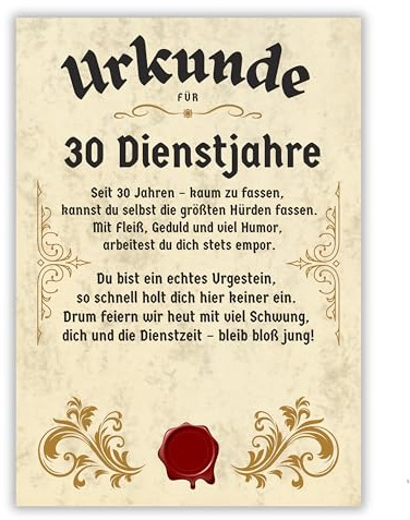 Palanemo Urkunde Dienstjubiläum 30 Jahre Firmenjubiläum Geschenk Karte 30 jähriges Arbeitsjubiläum