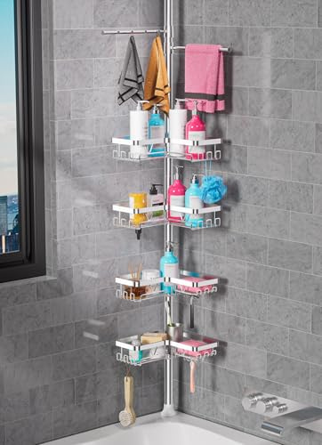 Taozun Teleskop Duschablage Ohne Bohren, 4 Dusche Eckregal Edelstahl | mit 2 Handtuchstangen, 63.5-290cm Adjustable Teleskop Duschregal Silber