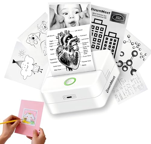 DawnMeet Mini Drucker für Smartphone X6, Bluetooth Thermodrucker Handy Drucker Etikettendrucker Fotodrucker 17 Zubehörteile geschenkt für Studiennotizen, Anatomische Diagramme, DIY Erstellung, Weiß