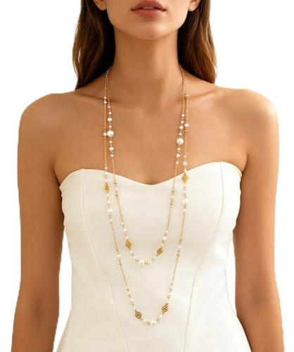 Long Golden Pearl Necklaces for Women, Long Necklaces for Women, Gold Layered Necklace Fashionable Gold Necklace Stack, Giving to Your Wife Girlfriend and Best Friend