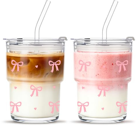 INSETLAN 380ml Bow Ice Coffee Cup, Cute Glass Tumbler with Straw and Lid, 2 Pack, AestheticGlass Coffee Cup for Smoothie, Latte, Iced Coffee, Matcha and More – Elegant & Durable