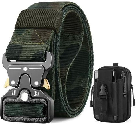 BESTKEE Taktischer Gürtel, 3,8 cm Militär Arbeitsgürtel, Schwerlast Nylon Schwarz Gürtel mit Schnellverschluss-Metallschnalle, Geschenk mit Taktischem Molle-Beutel für Outdoor Jagen