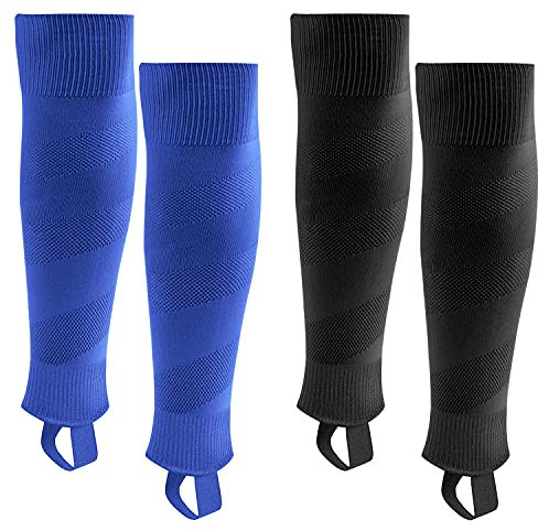 Jungen Stutzen Fussball Kinder Herren Fussballstutzen Stegstrümpfe Sleeve Fussballsocken mit Steg 2 Paar (Schwarz + Blau M)