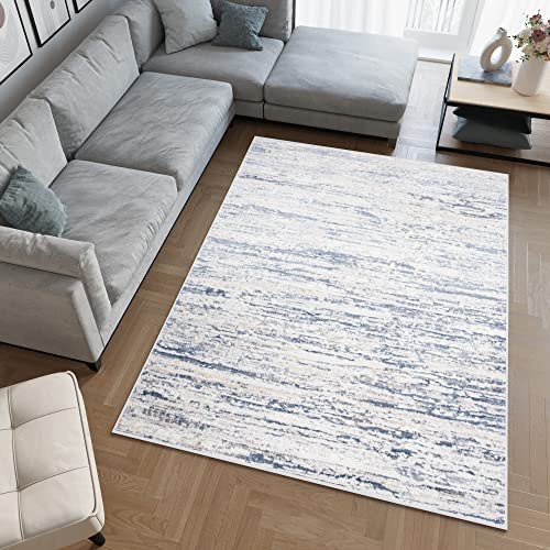 TAPISO Sky Teppich Kurzflor Creme Grau Blau Vintage Streifen 160 x 220 cm | Modern Meliert Verwischt Design Wohnzimmer Schlafzimmer 3D Optik OEKO-TEX