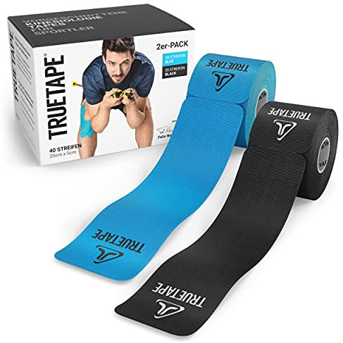 TRUETAPE® Kinesiotape – PRO Precut DUO-Pack – 2 x 20 vorgeschnittene Streifen (25 cm x 5 cm) – Wasserfeste & Elastische Kinesiotapes – Physiotape mit starker Klebekraft für den Sport – Blau & Schwarz