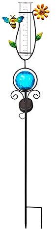 Regenmesser mit LED Beleuchtung für den Garten, 2-in-1 Funktion, Metall-Erdspieß, farbige Glaskugel in Bruchglas-Optik, Niederschlagsmesser aus Glas (blau mit Biene & Blume)