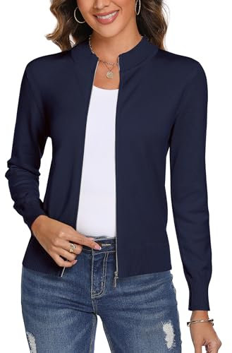 Aottori Cardigan Donna con Zip Maglione Cerniera Leggero Giacca in Maglia Elegante Golfino a Maniche Lunghe Pullover Aperta Casual per Primavera Autunno Invernale Blu Navy XL