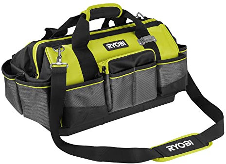 RYOBI Handwerkertasche mit Schultergurt Größe M RSSMTB1 (6 x Innentaschen, je 4 x offene Taschen auf der Vorder- und Rückseite, 1 x Reißverschlusstasche auf der Vorderseite, 2 x seitliche Taschen)